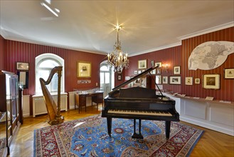 Showroom with harp and grand piano