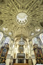 Interior of the baroque pilgrimage church of Maria Birnbaum with organ and side altars