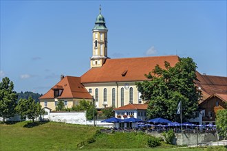 Annunciation church and beer garden of Reutberg abbey