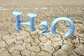 CGI of the letters H2O in cracked soil