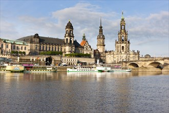 Cruise ship on the river Elbe in front of the skyline of Dresden with the Cathedral