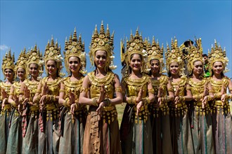 Apsara dancers in traditional costumes at the Elephant Festival