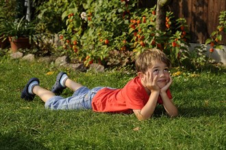 Boy lying on grass