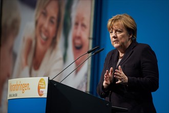 Chancellor Angela Merkel speaking at a campaign appearance on 02.03.2016