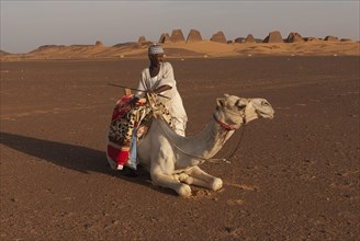 Local man with a dromedary in the sand