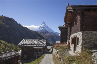 Valais timber houses in the mountain village Findeln with Matterhorn