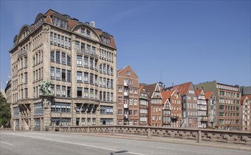 Historic town houses and Haus der Seefahrt in the Deichstrasse at Nikolaifleet canal