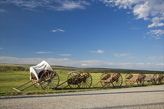 Handcarts on display at Mormon Handcart Historic Site where Mormon pioneers crossed Sweetwater River for the sixth time
