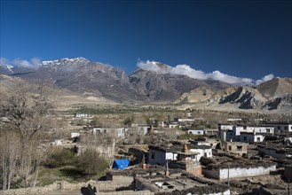 Traditional houses and Buddhist stupa in the village of Tsarang in front of mountain landscape