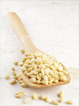 Pine nuts on a wooden spoon