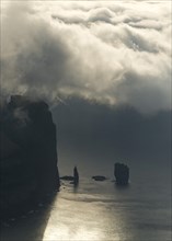 The Risin og Kellingin sea stacks and the Eioiskollur cliff in evening light