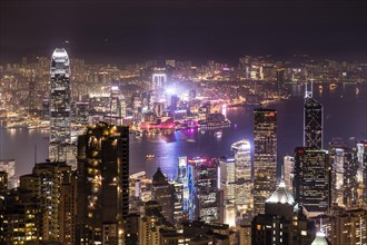 Panoramic view from Victoria Peak across the high-rise buildings at night