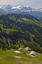 Pre-alpine landscape with alpine cabins