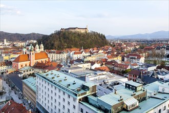 View across the historic centre with the castle hill and the castle