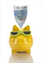 Twenty euro banknote inserted into a piggy bank with sunglasses