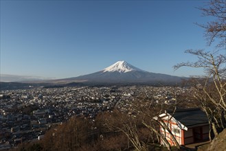 View over Fujiyoshida City and Mount Fuji Volcano