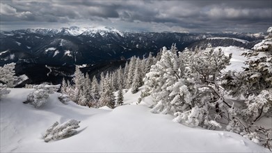 Hochschwab Range with a winter forest covered in deep snow