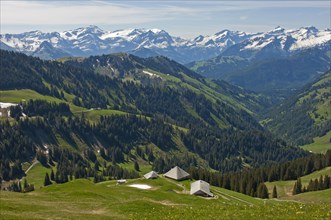 Pre-alpine landscape with alpine cabins