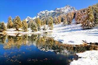 Lake Schwarzsee or Lai Nair with snow-covered larch forest