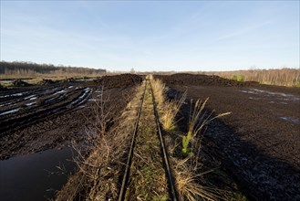 Peat cutting area and rail tracks to transport peat turves