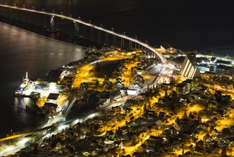 View from Fjellheisen to the Arctic Cathedral and the car bridge at night