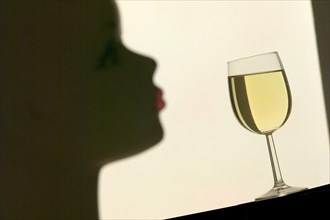 Silhouette in front of a glass with white wine