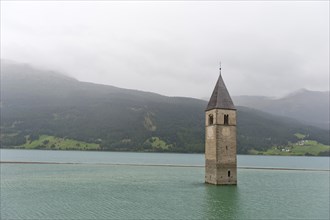 Church tower in the Reschensee lake