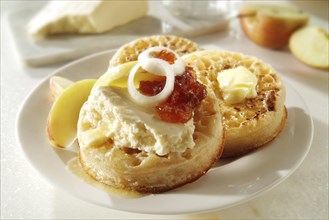 Traditional English crumpets and Wensleydale cheese with chutney