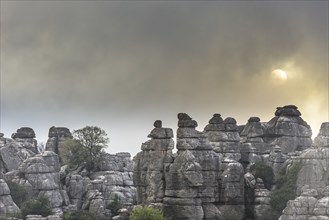 Bizarre limestone rock formations with the sun and fog