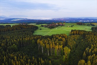Forest with village Peretshofen near Dietramszell