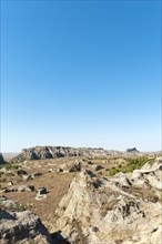 Dry and wide erosional landscape with rocks and trees
