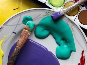 Paint brush with artists' paints