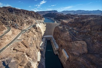 View from the Hoover Dam Bypass Bridge to the dam of the Hoover Dam