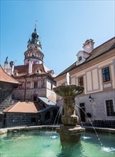 Castle courtyard with fountain and tower