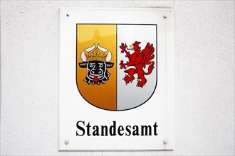 Sign at the registry office with coat of arms Mecklenburg-Western Pomerania at the town hall