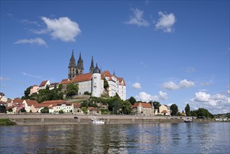 Elbe river in front of the Albrecht Castle with the cathedral of Meissen