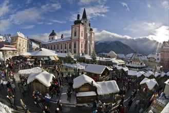 Christmas market in front of the Mariazell Basilica on the main square of Mariazell