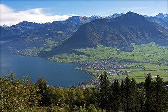 View from Mt Burgenstock of the municipality of Buochs on Lake Lucerne