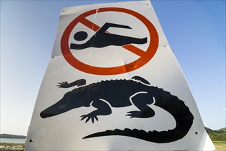 Warning sign for crocodiles and swimming ban