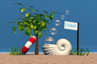 Sign Urlaub or holiday with nautilus shell
