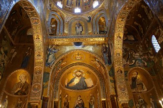 Byzantine mosaics with Christ Pantocrator above the altar at the Palatine Chapel or Cappella Palatina