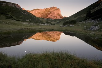 Rofanspitze peak at dawn reflected in Zireiner See