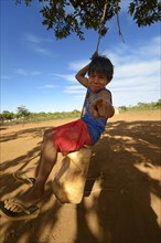 Indigenous boy playing on a makeshift swing under a tree