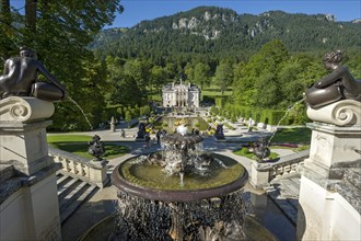 Terrace gardens with the Naiad fountain in the grounds of Schloss Linderhof Palace