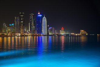 Night scene of the skyline of Doha with Al Bidda Tower