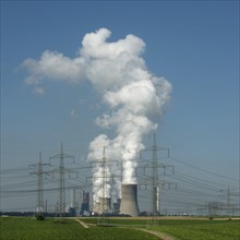 Transmission lines in front of a power plant of RWE Power AG