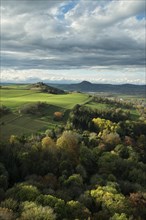 View from the fortress ruins of Hohenkrahen Castle over the Hegau landscape with Magdeberg Mountain and Hohenhewen Mountain