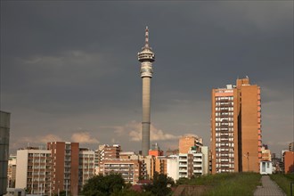 Telkom Joburg Tower TV tower and the skyline of the district of Hillbrow in Johannesburg
