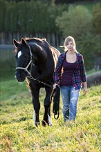 A young woman and a black Hanoverian horse walking on a mountain meadow