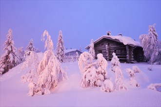 Finnish log cabin in the snow-covered landscape